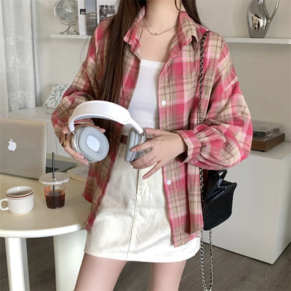 Women Tartan Shirt Long Sleeve Collared Button Up Oversized Plaid Shirt Flannel Jacket Grunge Teenage Girl Spring Summer Outfit