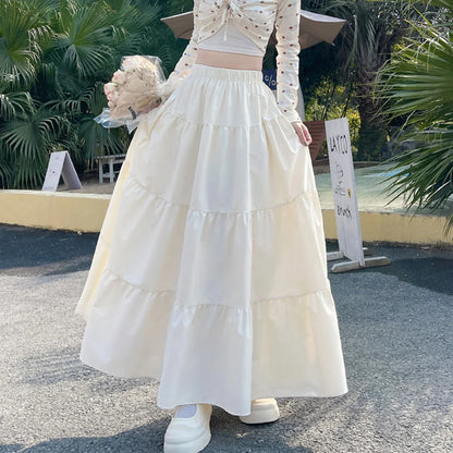 Korean Style Elastic High Waist White Skirt for Women Summer Loose Pleated Long Skirts Woman 2025 Vacation A Line Umbrella Skirt