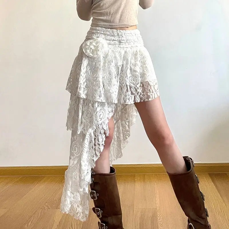 Zoki Sexy Bohemian Sweet Lace Skirt Women Elegant Irregular High Waist Skirt Vintage Korean Lady Casual Cute White A Line Skirts