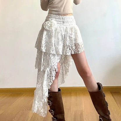 Zoki Sexy Bohemian Sweet Lace Skirt Women Elegant Irregular High Waist Skirt Vintage Korean Lady Casual Cute White A Line Skirts