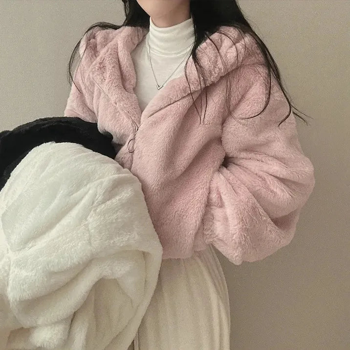 Winter Women Fur Coat Zipper Loose Hoodies Over Coat Thick Warm Plus Size Female Plush Casual Coats