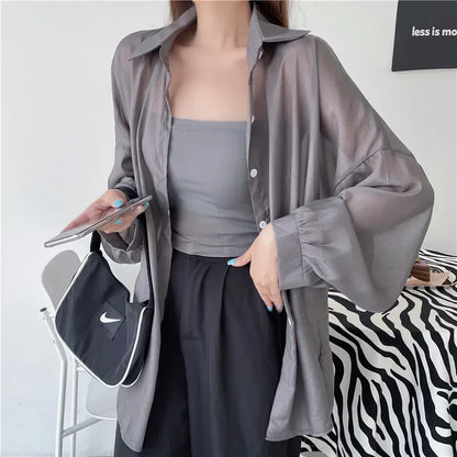 Oversized Shirt for Women Black White Thin Chiffon Collared Long Sleeve Button-Up Shirt Blouse Female Teen-girl Beach Cover Up