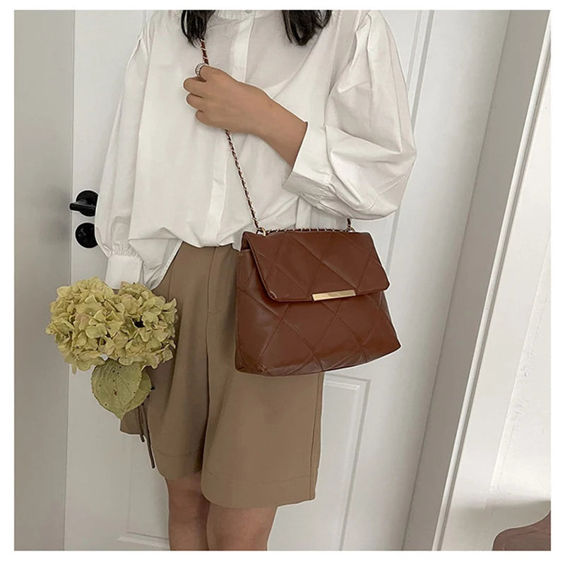 Plaid Thread Women Handbags Lady Underarm Shoulder Bag Large Capacity Commuting Tote Bag PU Leather Chain Strap Crossbody Bag