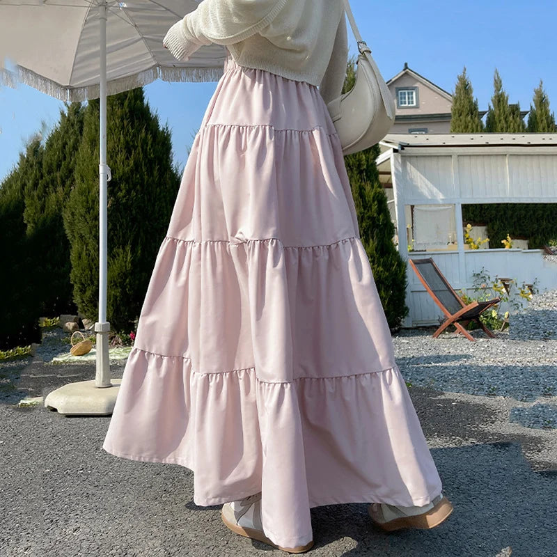 Korean Style Elastic High Waist White Skirt for Women Summer Loose Pleated Long Skirts Woman 2025 Vacation A Line Umbrella Skirt