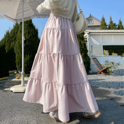 Korean Style Elastic High Waist White Skirt for Women Summer Loose Pleated Long Skirts Woman 2025 Vacation A Line Umbrella Skirt