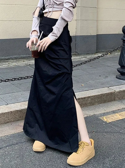 High Waist Pleated Skirt for Women Korean Fashion Streetwear Sexy Slit Midi Skirt Y2K Loose Hip Hop All-Match Female Cargo Skirt