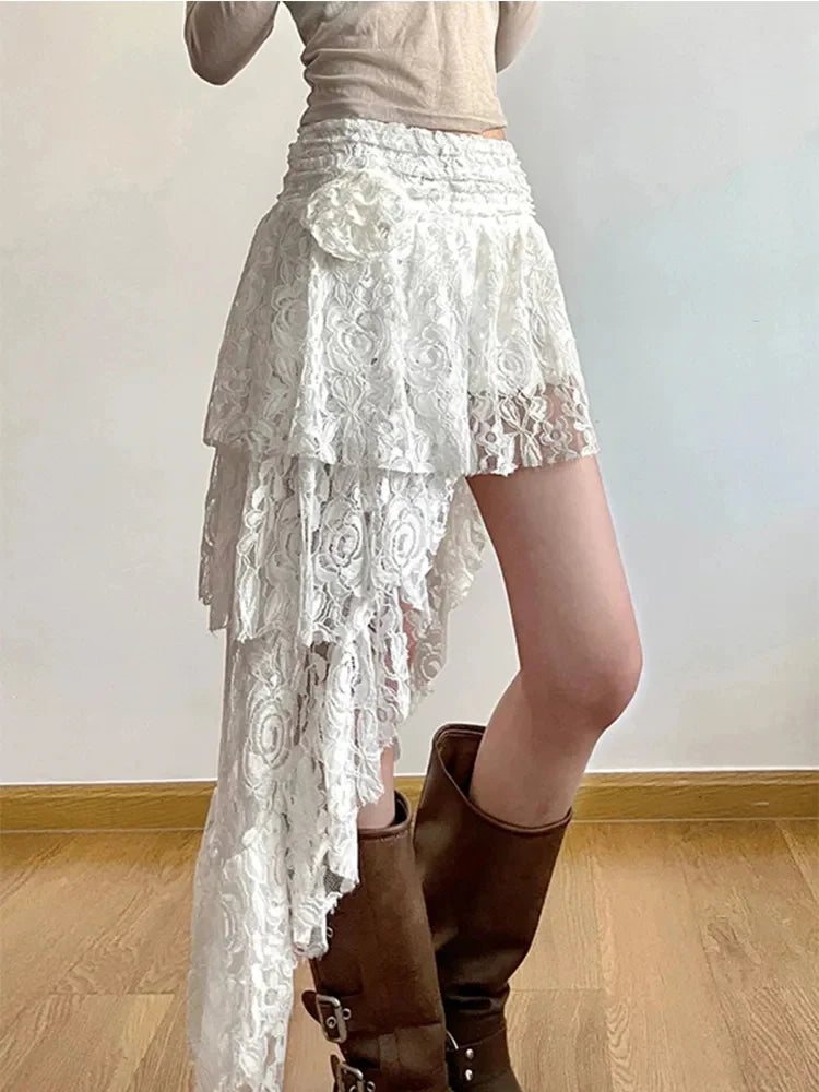 Zoki Sexy Bohemian Sweet Lace Skirt Women Elegant Irregular High Waist Skirt Vintage Korean Lady Casual Cute White A Line Skirts