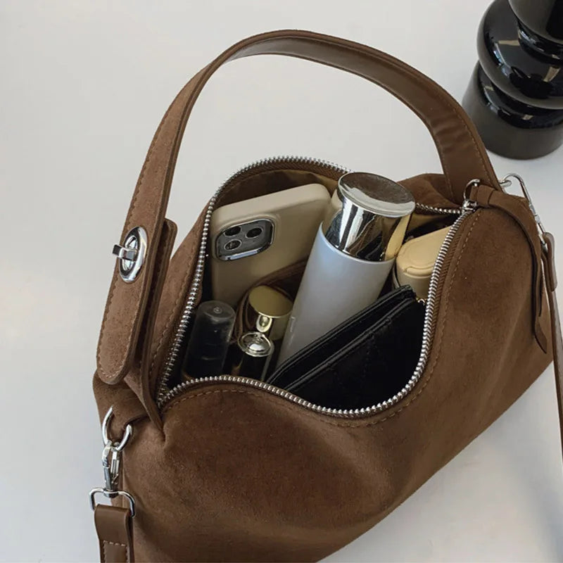 New Fashion Simple Fall Winter Spacious Boston Tote Bag Soft Matte Suede Design Women's Large Capacity Portable Hand Strap Bag