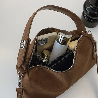 New Fashion Simple Fall Winter Spacious Boston Tote Bag Soft Matte Suede Design Women's Large Capacity Portable Hand Strap Bag