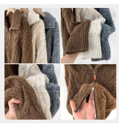 HELIAR Women Fall Winter New Casual Loose Knitted Cardigan Retro Solid Double Zipper Turn-down Collar Sweater Thicken Loose Tops