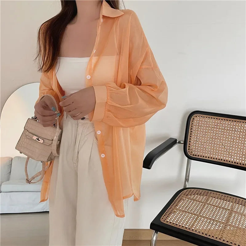 Oversized Shirt for Women Black White Thin Chiffon Collared Long Sleeve Button-Up Shirt Blouse Female Teen-girl Beach Cover Up