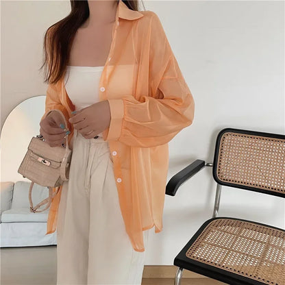 Oversized Shirt for Women Black White Thin Chiffon Collared Long Sleeve Button-Up Shirt Blouse Female Teen-girl Beach Cover Up