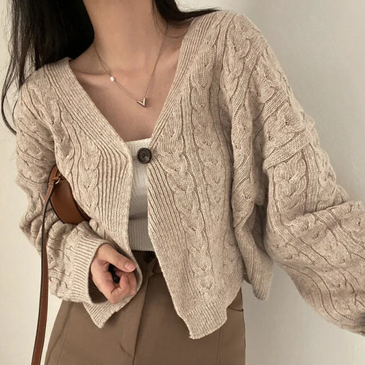 Fall Autumn and Winter New Women's Clothing Retro V-neck Twist Design Long-sleeved Short Knitted Cardigan Sweater Jacket