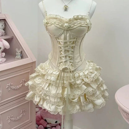 Sweet Harajuku Lolita Princess Skirt Suits Japanese Design Sense Women Bow Tank Tops Mini Cake Skirts Lace Hot Chick 2 Piece Set