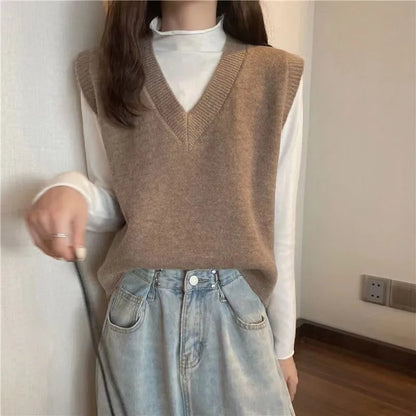 Xpqbb Spring Autumn New V-neck Knitted Vest Women Vintage Sleeveless Sweater Waistcoat Female Korean Chic Cropped Knit Tops