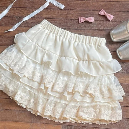 Japanese Cute Women Skirt High Waist White Jupe Patchwork Lace Sweet Saia 2025 Fashion Summer Mini Skirts