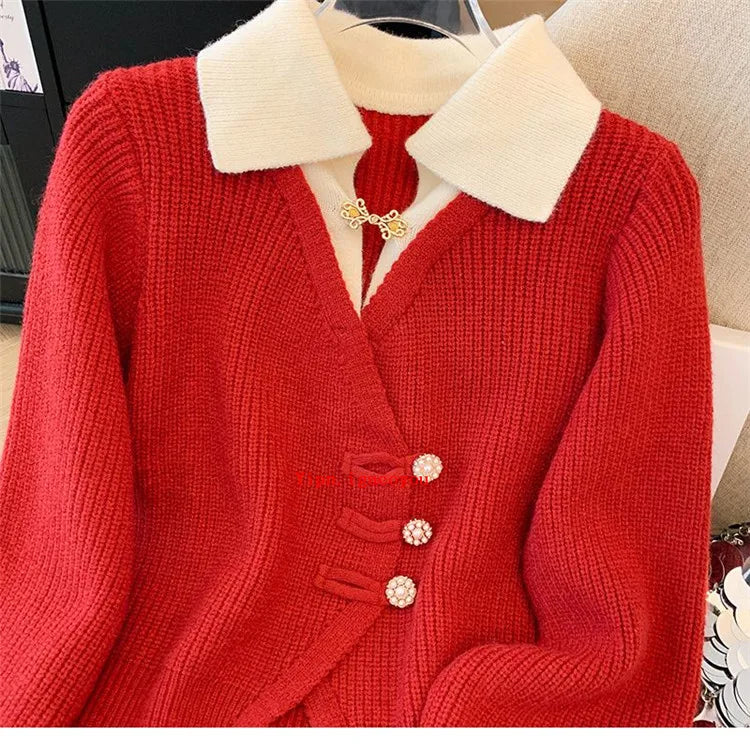 2025 Autumn Winter New Splicing Fake Two Pieces Knitted Cardigan Sweater Women Jacket Fashion Knitwear Loose Ladies Tops B693