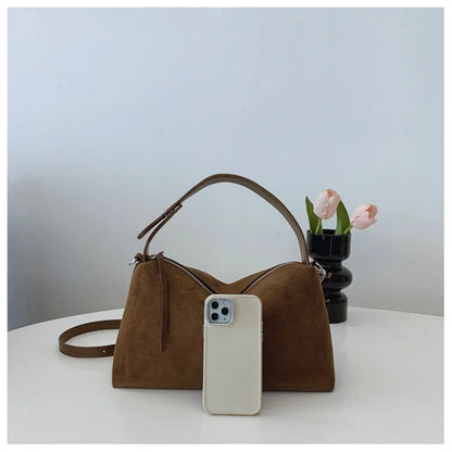 New Fashion Simple Fall Winter Spacious Boston Tote Bag Soft Matte Suede Design Women's Large Capacity Portable Hand Strap Bag