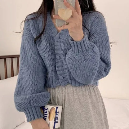 Short Knitted Cardigan Sweet Korean V Neck Lantern Sleeve Sweaters for Women Fall Wild Simple Cropped Pink  Coat