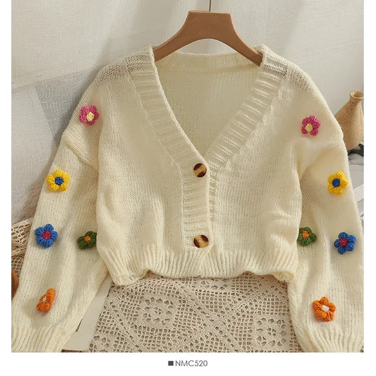 Autumn Colourful Applique Flower Cardigan for Women Cute Long  V-neck Knit Crop Sweater Girl Soft Knitwear