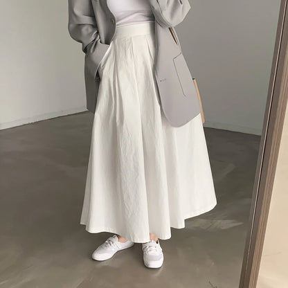2024 Women Elegant White Long Skirts High Waist A-Line Cotton Maxi Skirts Women Casual Skirts
