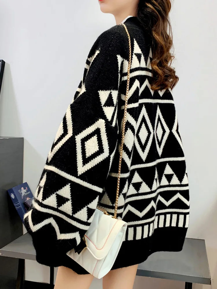 New Fashion Geometry Printing Knitted Caridgan Coat Autumn Winter Casual Loose Women Sweaters Office Lady Knitted Clothes