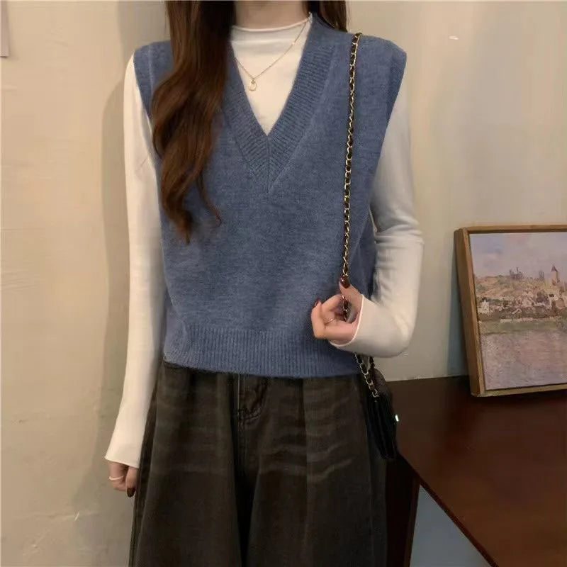 Xpqbb Spring Autumn New V-neck Knitted Vest Women Vintage Sleeveless Sweater Waistcoat Female Korean Chic Cropped Knit Tops