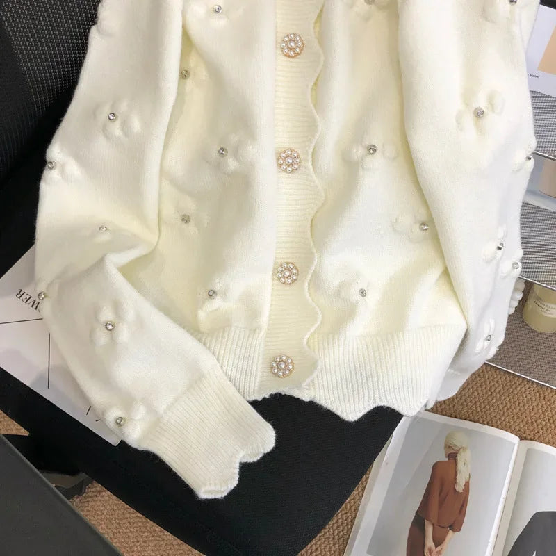 White Socialite Style Embroidery Knitted Cardigan 2024 Early Autumn Top Floral Sweater Jacket Spring Wardrobe New Match Women's