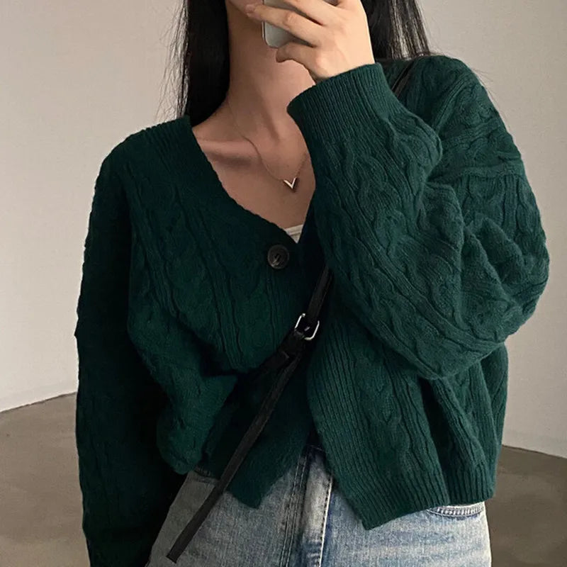 Fall Autumn and Winter New Women's Clothing Retro V-neck Twist Design Long-sleeved Short Knitted Cardigan Sweater Jacket
