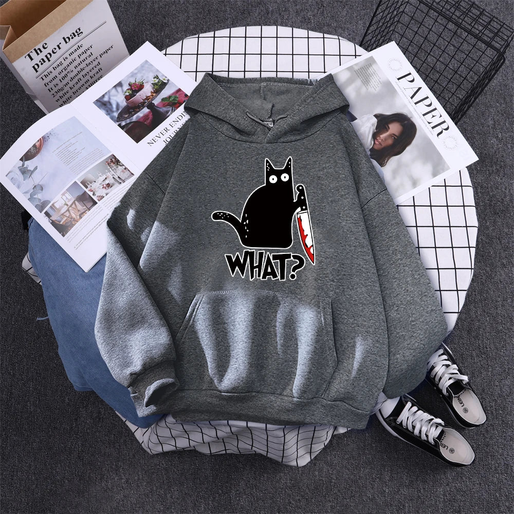 Hoody Little Black Cat And Knife Sweatshirt With Hooded Woman Oversized Aesthetic Hoodie Womens Winter Female Cats Hoodies