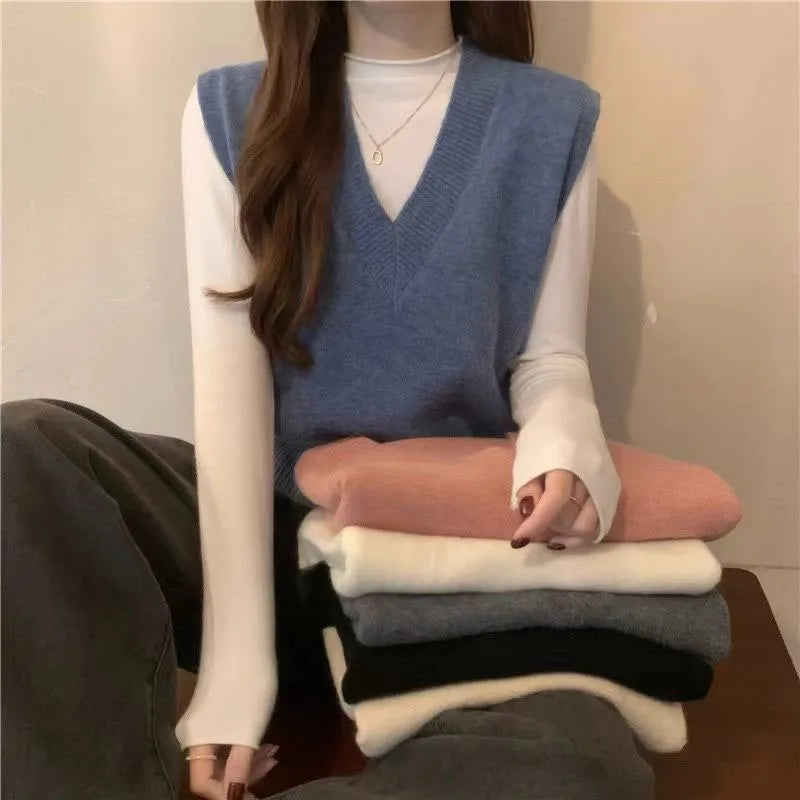 Xpqbb Spring Autumn New V-neck Knitted Vest Women Vintage Sleeveless Sweater Waistcoat Female Korean Chic Cropped Knit Tops