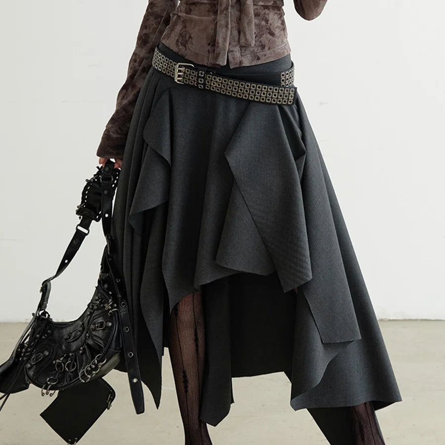 TWOTWINSTYLE Solid Patchwork Belt Loose Skirts For Women High Waiat Irregular Elegant Skirts Female Fashion Style Clothes New