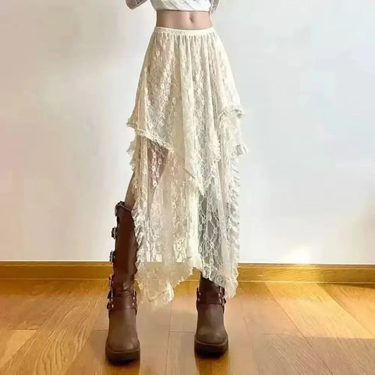 Sexy Lace Irregular Asymmetrical Skirt Fairycore Women Vintage Y2K Boho Aesthetic High Waist Mid Skirts Lady Holiday Outfits