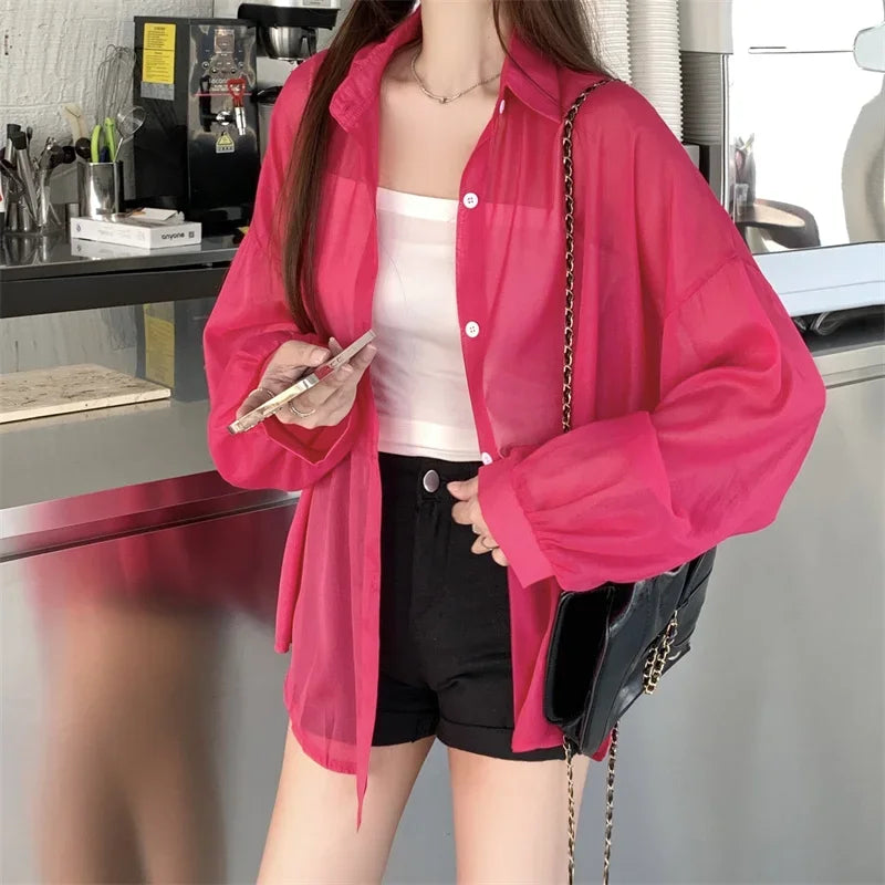 Oversized Shirt for Women Black White Thin Chiffon Collared Long Sleeve Button-Up Shirt Blouse Female Teen-girl Beach Cover Up