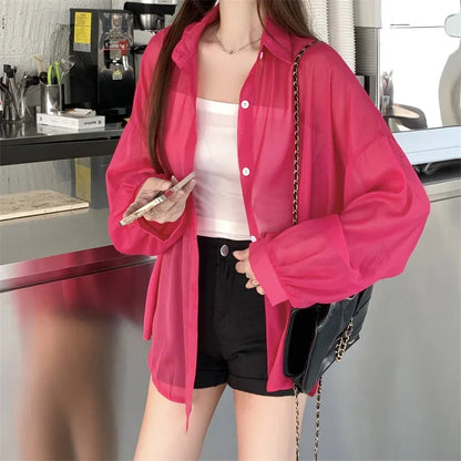 Oversized Shirt for Women Black White Thin Chiffon Collared Long Sleeve Button-Up Shirt Blouse Female Teen-girl Beach Cover Up