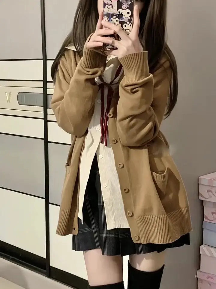 Cardigans Women Button-up Japan Style Students Long Sleeve Knitted Sweaters Loose All-match Autumn Winter Solid Color Pockets