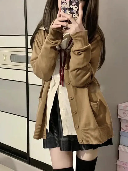 Cardigans Women Button-up Japan Style Students Long Sleeve Knitted Sweaters Loose All-match Autumn Winter Solid Color Pockets