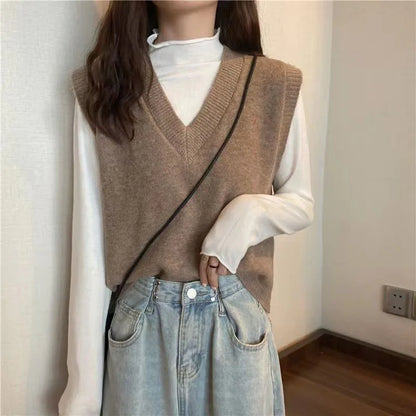 Xpqbb Spring Autumn New V-neck Knitted Vest Women Vintage Sleeveless Sweater Waistcoat Female Korean Chic Cropped Knit Tops