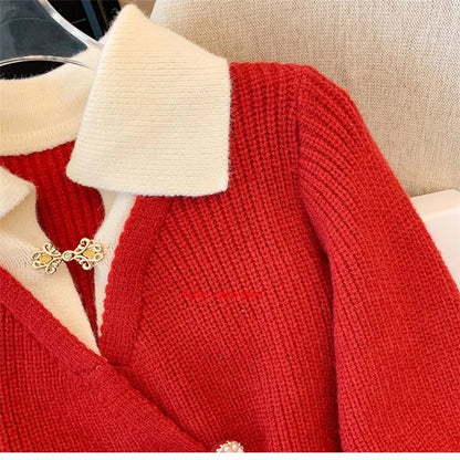 2025 Autumn Winter New Splicing Fake Two Pieces Knitted Cardigan Sweater Women Jacket Fashion Knitwear Loose Ladies Tops B693