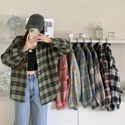 Women Tartan Shirt Long Sleeve Collared Button Up Oversized Plaid Shirt Flannel Jacket Grunge Teenage Girl Spring Summer Outfit