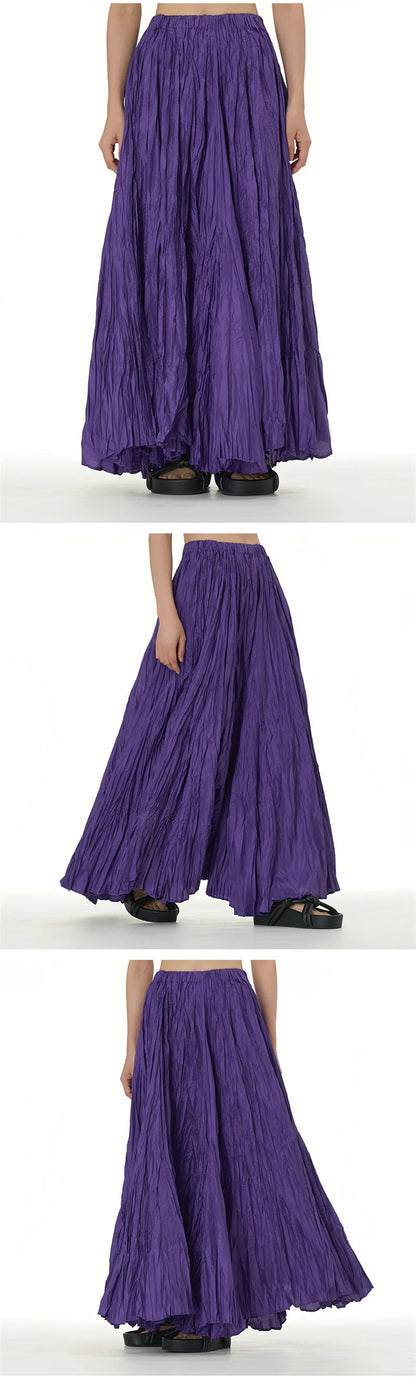 Elegant Drape Crumpled Skirts Women Summer Elastic Waist Big-Hem Long Skirts Large Size Loose Umbrella Skirts Female Streetwear