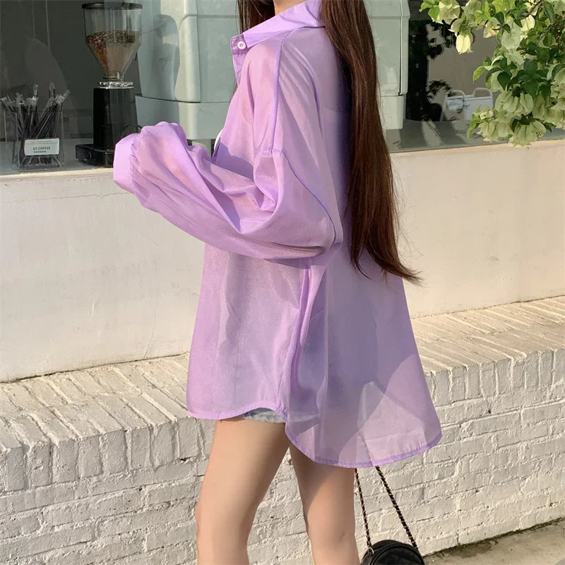 Oversized Shirt for Women Black White Thin Chiffon Collared Long Sleeve Button-Up Shirt Blouse Female Teen-girl Beach Cover Up