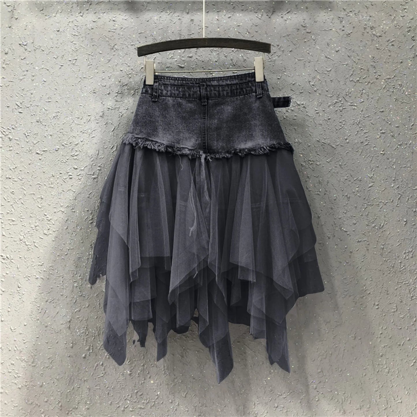 Punk Women Denim Skirts Mesh Patchwork Jean Skirt Y2K High Waist A Line Asymmetric Tulle Skirts Pleated Gothic Chic