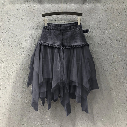 Punk Women Denim Skirts Mesh Patchwork Jean Skirt Y2K High Waist A Line Asymmetric Tulle Skirts Pleated Gothic Chic