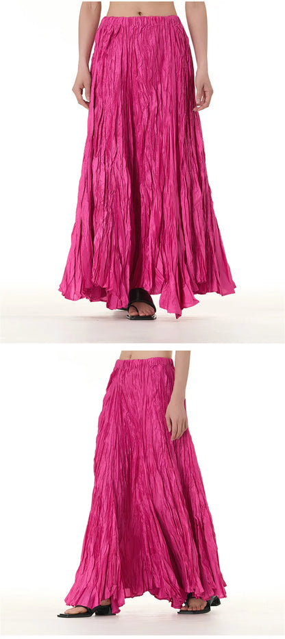 Elegant Drape Crumpled Skirts Women Summer Elastic Waist Big-Hem Long Skirts Large Size Loose Umbrella Skirts Female Streetwear