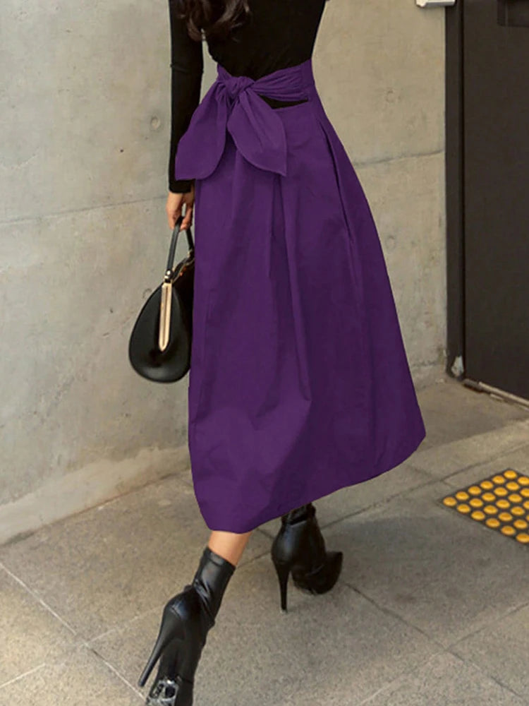 Stylish Solid A-line Skirts for Women Preppy School Style High Elastic Waist Long Skirt With Bow Woman Clothing Women's Skirts