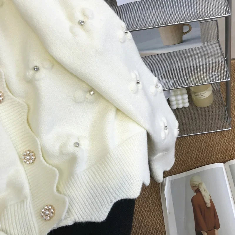White Socialite Style Embroidery Knitted Cardigan 2024 Early Autumn Top Floral Sweater Jacket Spring Wardrobe New Match Women's