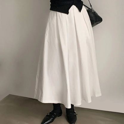 2024 Women Elegant White Long Skirts High Waist A-Line Cotton Maxi Skirts Women Casual Skirts