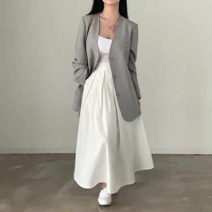 2024 Women Elegant White Long Skirts High Waist A-Line Cotton Maxi Skirts Women Casual Skirts