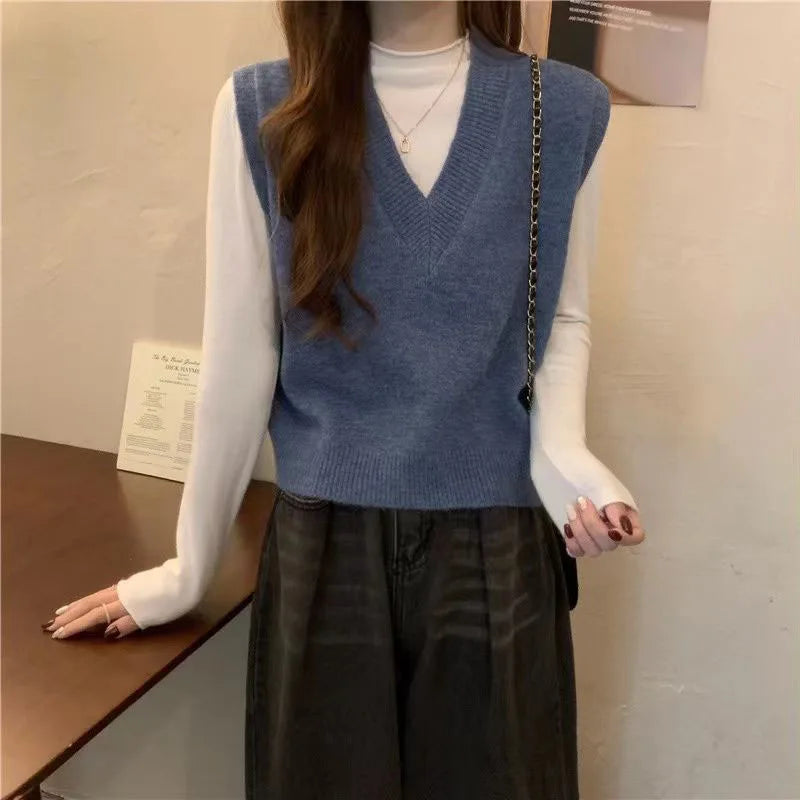 Xpqbb Spring Autumn New V-neck Knitted Vest Women Vintage Sleeveless Sweater Waistcoat Female Korean Chic Cropped Knit Tops